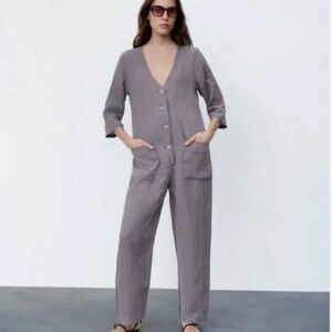 Zara Gray Linen Women's Jumpsuit